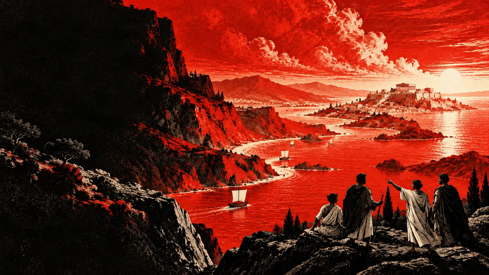 Illustration : un groupe de voyageurs observe, depuis un promontoire, une cité au bord de la mer.