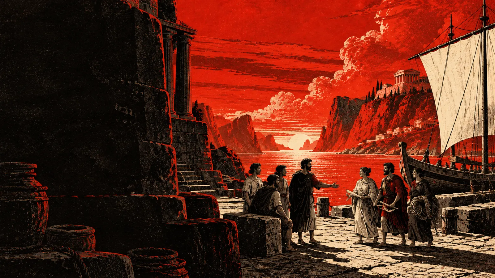 Illustration : des voyageurs aux profils variés se retrouvent sur un quai, près d’un navire prêt à partir.