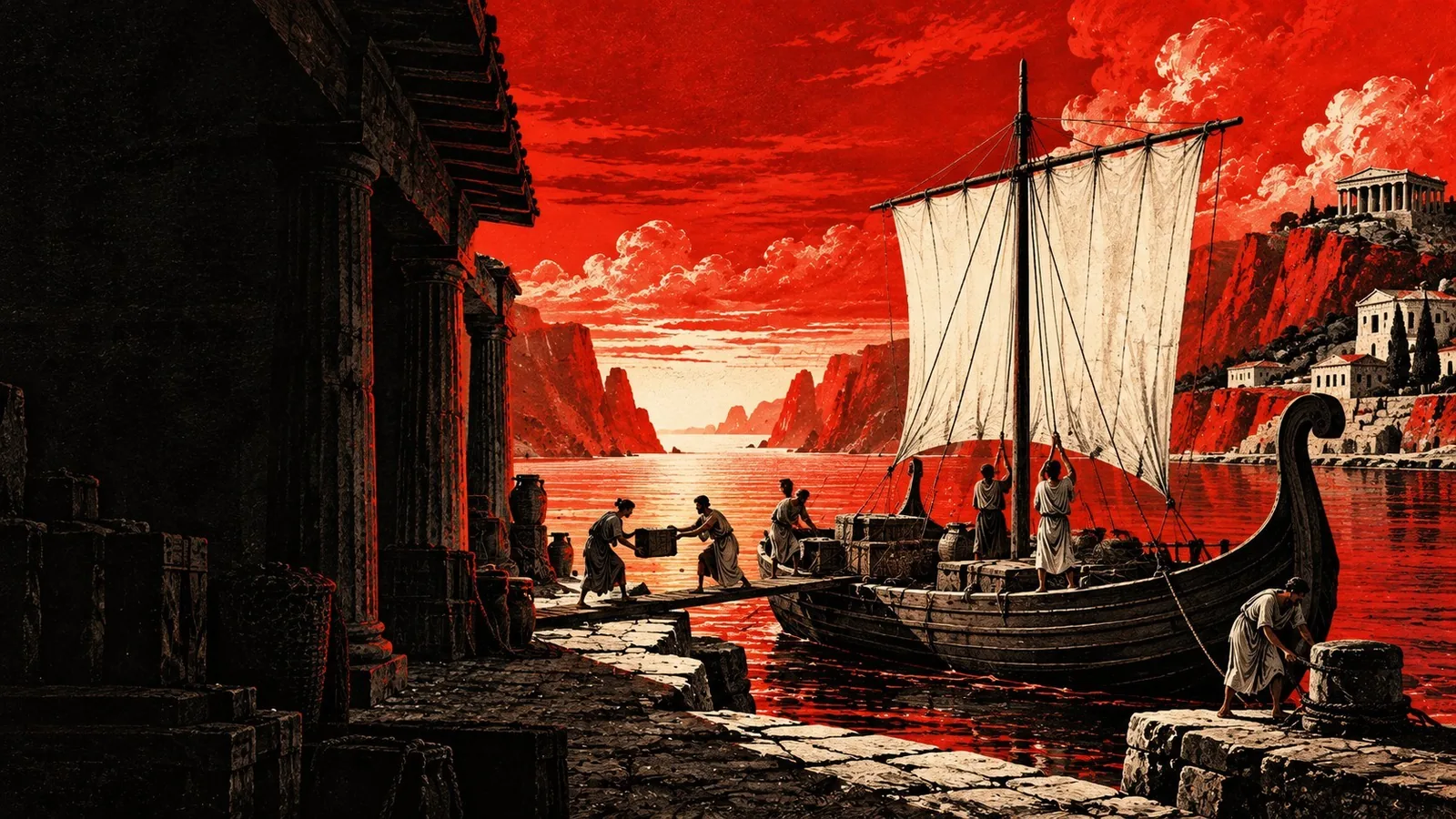 Illustration : des voyageurs chargent un navire antique sur un quai, au soleil couchant.
